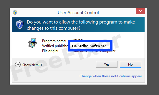 Screenshot where 10-Strike Software appears as the verified publisher in the UAC dialog